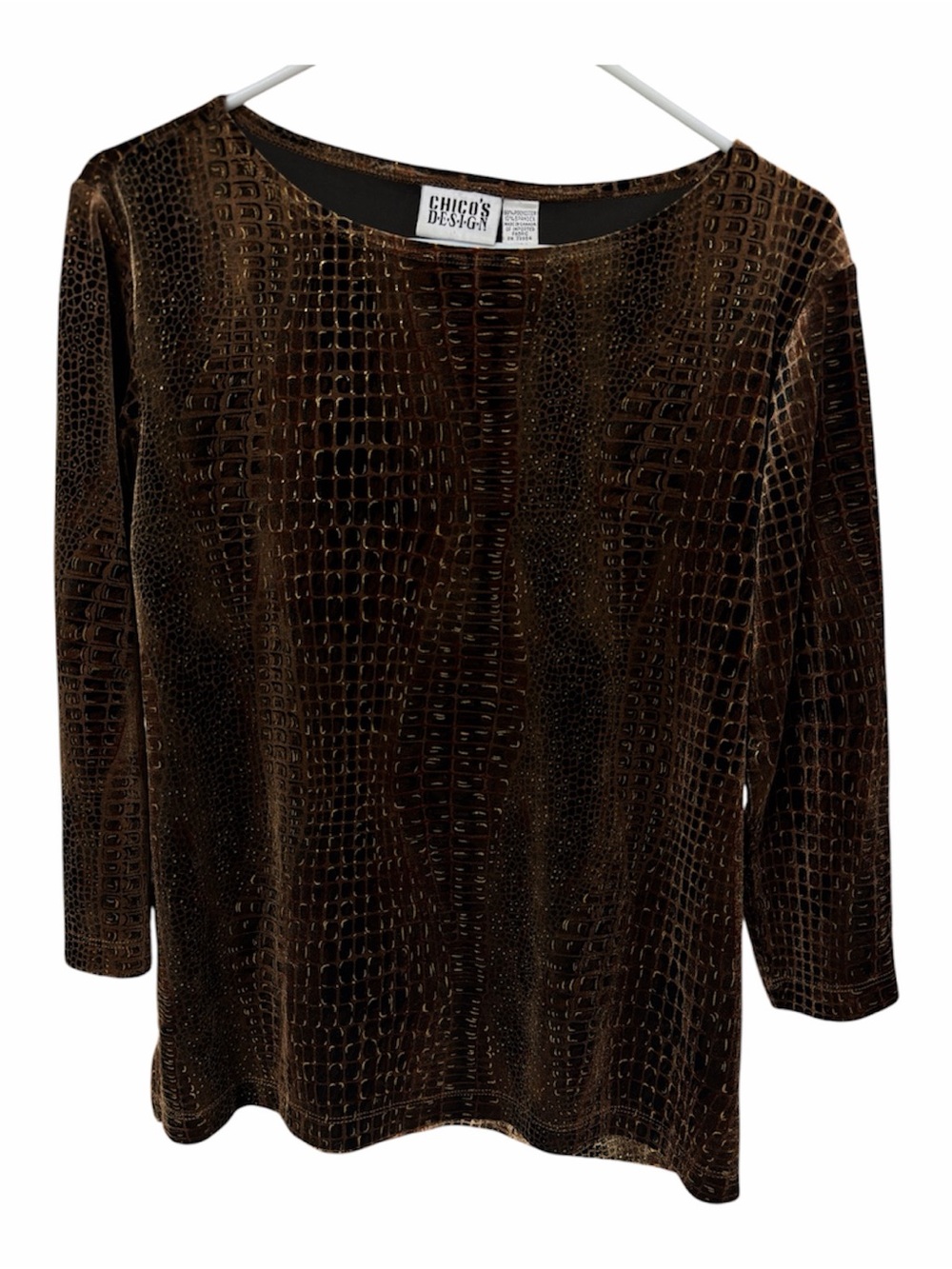vintage Chico's Brown Croc-Embossed Velvet Scoop Neck Long Sleeve Top